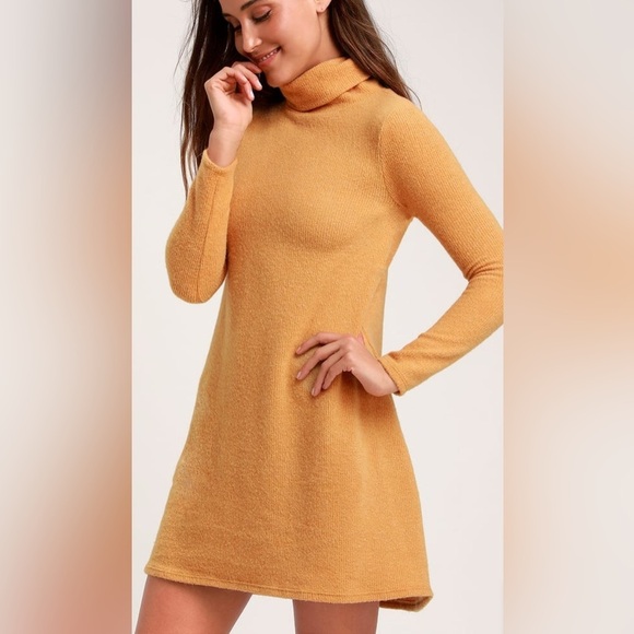NWT Lulus Alaina Mustard Yellow Long Sleeve Turtleneck Sweater Dress XS - Picture 1 of 8